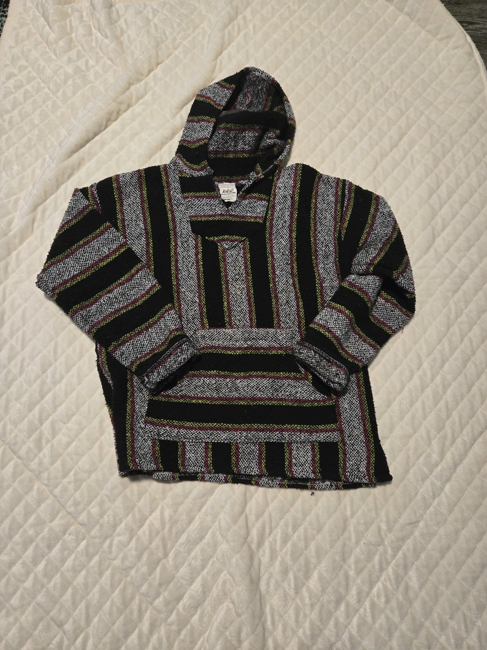 Veracruz Black Striped Baja Hoodie with Green and Purple Accent